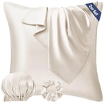 Seiwohl Taie d Oreiller en Satin 60x60 Lot de 2, Similaire aux Taies d'oreillers en Soie 60 x 60 cm Housse de Coussin Protege Silk Pillowcase, Certifiée Oeko-TEX, Beige, avec 1 Chouchou et 1 Bonnet