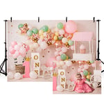 MEHOFOND 7x5ft Girl 1st Birthday for Ice Cream Photography Backdrops Kids Party Banner White Brick Wall and Pink Balloons Golden Stars Background for Cake Smash Decor Photo Studio Booth Props