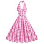 1950S Dresses for Women Vintage Pink Plaid Gingham Rockabilly Halter Backless V-Neck Belt Slim Fit A-Line Swing Retro Midi Dress Halloween Costume Cocktail Party Evening Ball Prom Dress Pink XXL