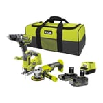 3 outils : 1 perceuse-visseuse Brushless + 1 meuleuse 115 mm + 1 scie sauteuse + 2 batteries 4 Ah & 2 Ah + 1 chargeur & 1 - Ryobi