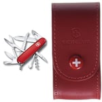 Victorinox, Huntsman, Couteau de Poche Suisse, Multifonction, Léger, 15 Fonctions, Grande lame, Tire-bouchon, Ouvre-boîtes, Rouge & Etui cuir pour Couteau Suisse, rouge