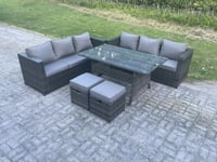 PE Wicker Outdoor Garden Furniture Set Patio Rattan Rectangular Dining Table Sofa with 2 Stool 8 Seater