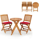 GIANTEX Ensemble Salon de Jardin 3 Pcs Pliable en Bois- 2 Chaises avec Coussins Amovibles et Table Basse de Jardin Rond- Rouge