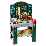 Theo Klein 8513 Bosch Etabli "Work-Station" I Etabli avec outils, véhicule à assembler et de nombreux accessoires I Plan de travail à fonction pédagogique I Dimensions : 61 cm x 44,5 cm x 101 cm I Jouet pour enfants à partir de 3 ans