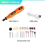 Perceuse sans fil USB,outil de calcul à distance,stylo de gravure de travail,bricolage pour bijoux,métal,verre,perceuse sans fil,mini perceuse électrique,4 documents - Type Orange - 24pcs