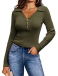 GRACE KARIN Pull en Maille Fine pour Femme Automne Col en V Pull À Manches Longues Chemisier Haut Vert Olive L