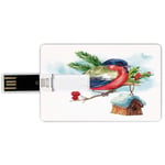 4G USB Flash Drives Credit Card Shape Rowan Memory Stick Bank Card Style Merry Christmas Composition with Cute Bullfinch Holly Pine Cone Bird in Winter Decorative,Multicolor Waterproof Pen Thumb Love