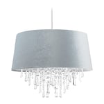 Relaxdays Lampe à suspension, luminaire, abat-jour aspect velours, HxD : 140x45,5 cm, cristaux, E27, salon, gris