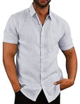 COOFANDY Chemises à Manches Courtes pour Hommes Boutonnées en Lin Plage été Hauts Col Léger Chemise Décontractée Unie Bleu Clair XXL