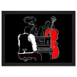 Wee Blue Coo Musicians Jazz Piano Illustration Red Bass Bar Music Artwork Framed Wall Art Print A4