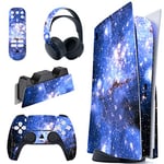 PlayVital Kit de Autocollants Skin Decal pour ps5 Sticker Vinyle pour ps5 Console&Manette&Station de Charge&Casque&Télécommande Média-Édition Régulière-Galaxie Bleue