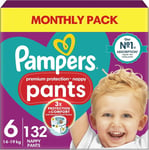 Pampers Baby Premium Protection Nappy Pants, Size 6 (15Kg Plus) 132 Nappies, MON