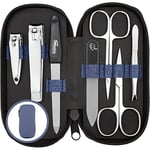 marQus kit manucure pedicure 7 pc. de Solingen - kit manucure professionnelle cuir synthétique avec look denim, 2 coupe ongle, limes a ongles Solingen, pince à épiler, 2 ciseaux, lime a ongle verre