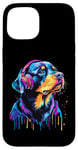 Coque pour iPhone 15 Rottweiler Lover Pop Art portant des écouteurs drôles Rottweiler