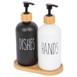 2pc Glass Hand & Dish Soap Dispenser Set with Bamboo Tray 500ml White/Black