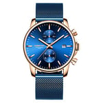 Montres pour Homme Mode Sport Quartz Analogique Noir Maille Acier Inoxydable Étanche Chronographe Montre-Bracelet Auto Date en - Or Rose Bleu