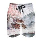 kikomia Men's Swimming Trunks Vintage Japanese House Mountain Red Maple Tree Print Vintage Beach Board Shorts with Pockets White 4XL