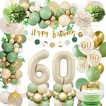 Decoration Anniversaire 60 ans,60 Ans Décorations Anniversaire de Fête en Vert Or,Deco 60 ans Ballon,Bannière Joyeux Anniversaire,PomPoms en Papier,Deco Anniversaire 60 ans pour Hommes Femmes