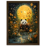 Harvest Moon Panda Landscape Oil Painting Panda Bear in a Wildflower Meadow with Flowing Stream Kids Bedroom Artwork Framed Wall Art Print A4