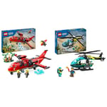 LEGO City L’Avion de Sauvetage des Pompiers, Jouet de Construction avec 3 Minifigurines de Pilote & City L’Hélicoptère des Urgences Jouet pour Enfants de Construction Créative