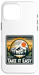 Coque pour iPhone 16 Pro Max Take It Easy Hiker Outdoor Relax Montagnes Sunset Graphic