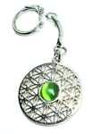 Keyring Flower of Life Pendant Green Cats Eye Silver Plated Keyring Kabbalah