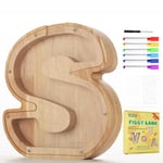 Wivico Wooden Letter Money Box with Stickers and pen|Reward Jar|Piggy Banks for Kids|Personalised Fillable Letters Clear Money Box|A-Z Letters Coin Bank for Christmas Birthday Gift/Keepsake-S