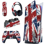 PlayVital Impression UK Flag Full Set Skin Decal for ps5 Console Disc Edition, Sticker Vinyl Decal Cover for ps5 Controller & Charging Station & Headset & Media Remote