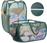 OTraki 2 Pack Pop Up Laundry Hampers, 70L Mesh Collapsible Laundry Baskets with Side Pocket Handles Large Foldable Washing Basket Lightweight Portable Wash Basket for Clothes Tidy Storage