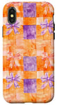 Coque pour iPhone X/XS Orange Art Déco Esthétique à carreaux avec rubans lilas et