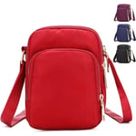 Cross Body Phone Bag Women, Nylon Wallet Shoulder Bag,3 Layers Zipper Cell Phone Purse with Adjustable Strap(Red)