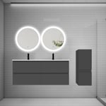 Ensemble meuble double vasque L.120cm 4 tiroirs + lavabo + 2 LED miroirs rond 60cm + colonne,anthracite moderne