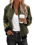 Zeagoo Veste bomber décontractée courte à manches longues pour femme - Fermeture éclair - Veste légère - Automne - Veste mi-saison, vert, S