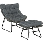 Fauteuil de jardin avec repose-pieds - 2 coussins polyester inclus - métal époxy résine tressée aspect rotin gris - Gris