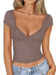 Trendy Queen Womens Deep V-Neck Backless Tops Short Sleeve Slim Fit T-Shirts Basic Y2K Tops Bustier Corset Cami 2024, Coffee Grey, S