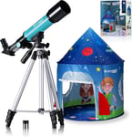 Télescope lenticulaire Junior 50/360 pour Enfants - Kit d'astronomie pour débutant avec Tente, réfracteur, trépied, Montage azimutal, oculaires et Miroir zénith - Bleu