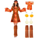 Hippie-kostymset med fredsteckens örhängen, halsband, pannband, klänning och ankelstrumpor, orange blommig, vuxenstorlek (X-Large)