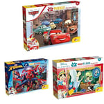 LISCIANI - LOT 3 Maxi Puzzles 2 en 1 - Cars (50x35cm) + Spiderman + Pinocchio - 24 Pièces Chacun - Double Face à Colorier - Feutres Inclus - Jeux Éducatifs Disney et Marvel Enfants 3+ Ans