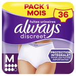 Always Discreet, 36 Culottes Incontinence Femme, Plus 6 Gouttes, Sous-Vêtements Taille M, Blanc, Protection Très Absorbante pour Fuites Urinaires Importantes ou post accouchement, Pack 1 Mois