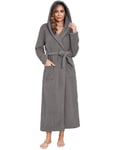 Vlazom Peignoir Femme Longue Hiver Peignoir de Bain à Capuche Robe de Nuit Coton Robe de Chambre avec Ceinture et Poches，Gris，XL