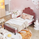 Lit simple capitonnés 90x200 cm - avec tête de lit en forme de fleur, sommier à lattes, velours - pour adultes et enfants - Rouge Haricot