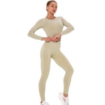 Xinyuan Women's Stretch Fit Yoga Suit Tracksuit Lounge Wear, Long Sleeve Crop Tops + High Waist Leggings 2 Pcs Set, Gym Running Outfit Beige-M