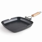 LACOR - 25158 - Poêle Grill SUA lisse en aluminium fondé 100% sans PFOA, antiadhésive bicouche, manche pliable bois de chêne, fond Full Induction, adapté à l'induction, 28 x 28 x 3,8 cm, noir