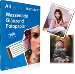 Lot de 50 feuilles de papier photo A4 brillant pour imprimante jet d'encre 200 g/m² - Papier photo - Cartes photo - Séchage instantané - Étanche - Blanc brillant