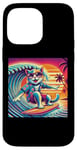 Coque pour iPhone 14 Pro Max Chat amusant surfeur hawaïen coucher de soleil tropical paradis surfeur