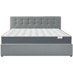 Ensemble lit coffre 180x200 en tissu gris clair + matelas Memo hr avec tête de lit et sommier à lattes - Tina