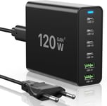 Chargeur Usb C 120W Gan, Chargeur Usb Multiple Chargeur Pd,Station De Charge À 6 Ports Compatible Avec Iphone/Samsung/Google/Xiaomi/Ordinateur Portable/Tablette Et Autres Appareils Usb