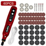 Mini perceuse sans fil aste USB,stylo de gravure sans fil aste avec LED,outil distant Dremel,perceuse électrique,accessoires de meulage - Type Red-60PCS