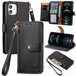 SATURCASE Coque pour Apple iPhone 12 / 12 Pro, Heart PU Cuir Flip Portefeuille Poche Double Boucle Magnétique Fermeture éclair Support Porte-carte Cordon Protecteur Housse Étui pour Apple iPhone 12 / 12 Pro (AX-Noir)