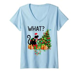 Womens Cat What Xmas Lighting Black Cat Pushing Christmas Tree V-Neck T-Shirt